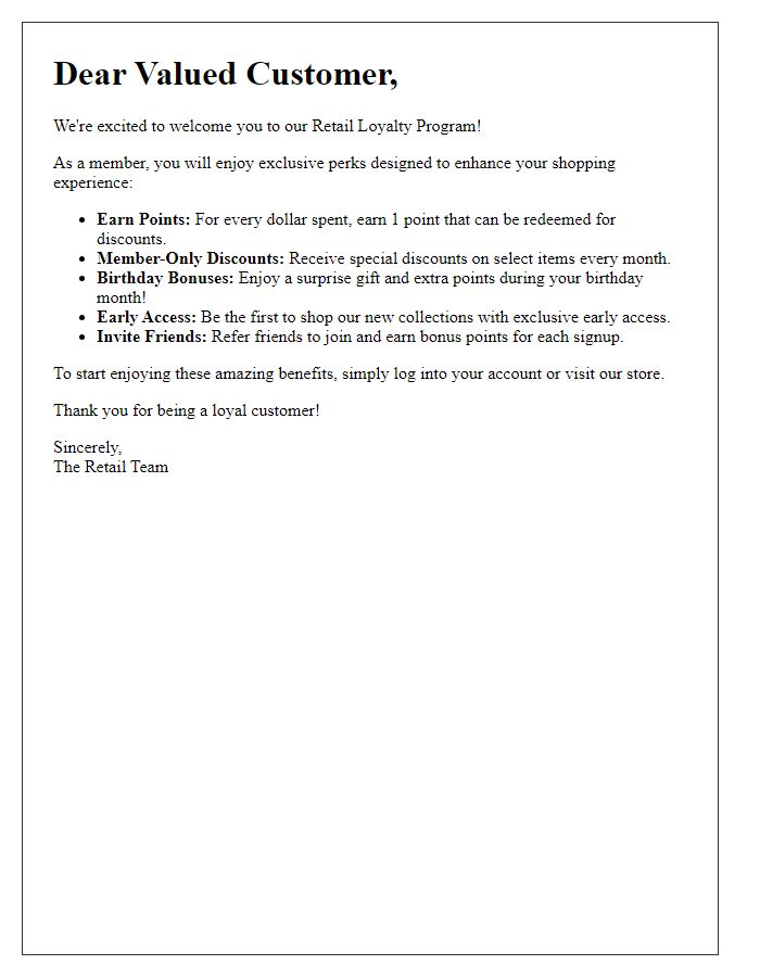 Letter template of retail loyalty program perks.