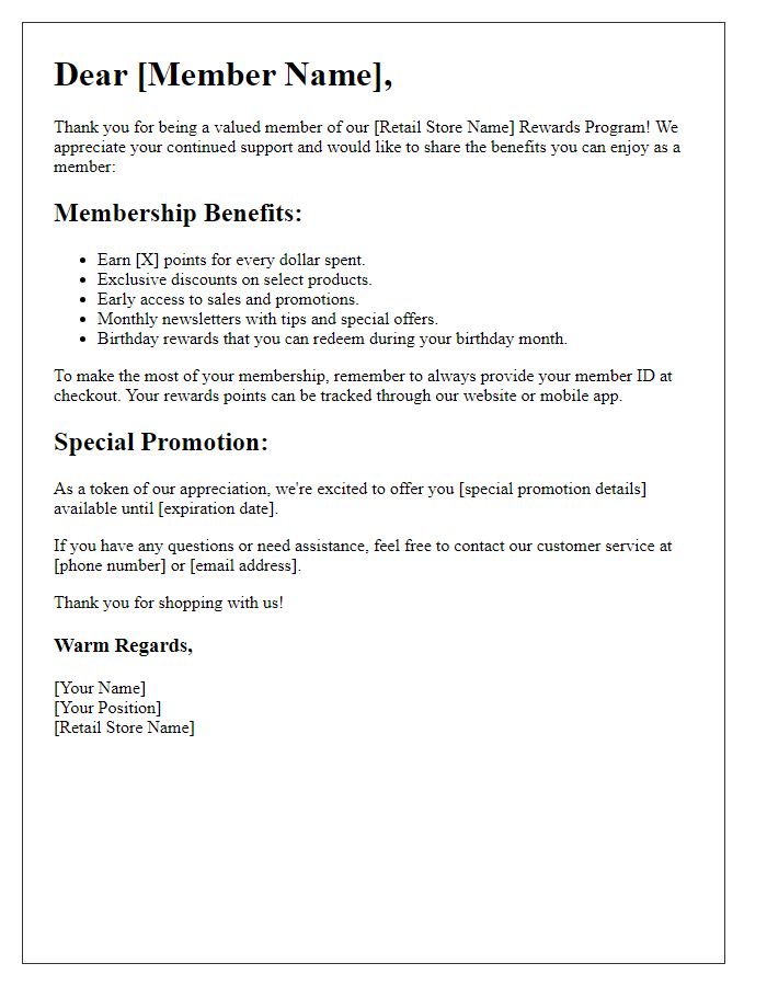 Letter template of retail membership rewards outline.