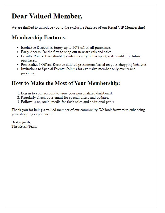 Letter template of retail VIP membership features.