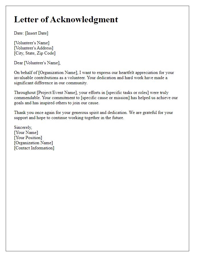 Letter template of acknowledgment for volunteer service.