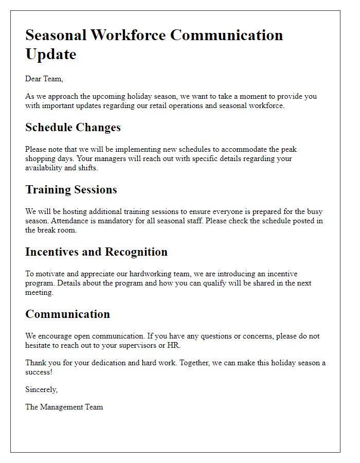 Letter template of retail seasonal workforce communication updates