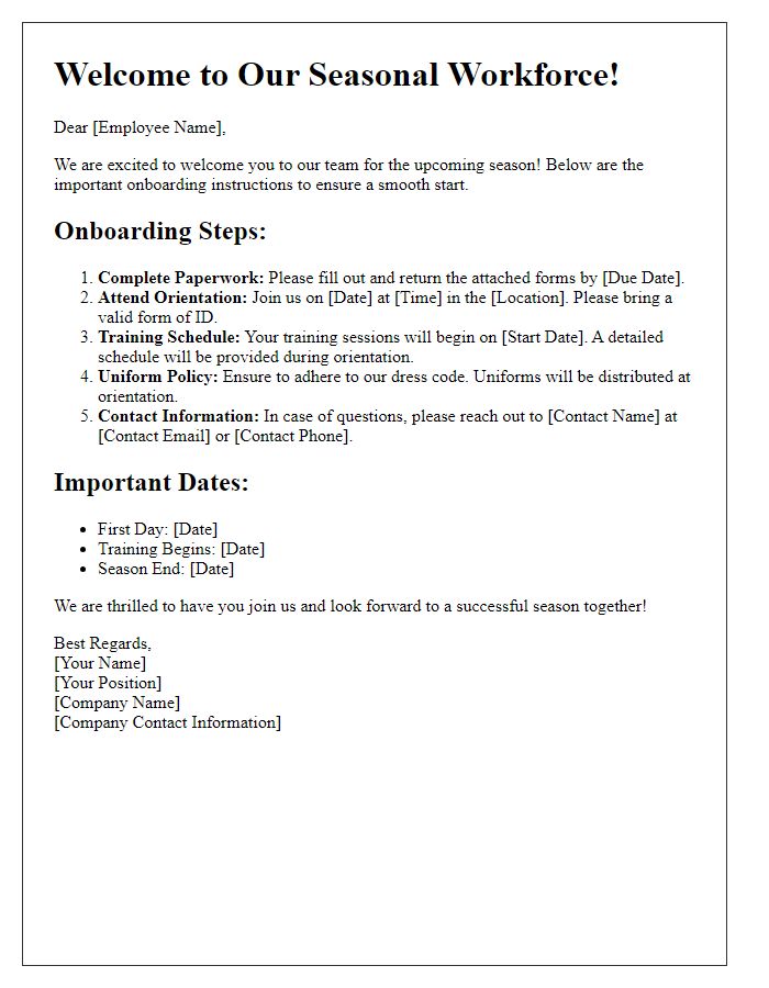 Letter template of retail seasonal workforce onboarding instructions