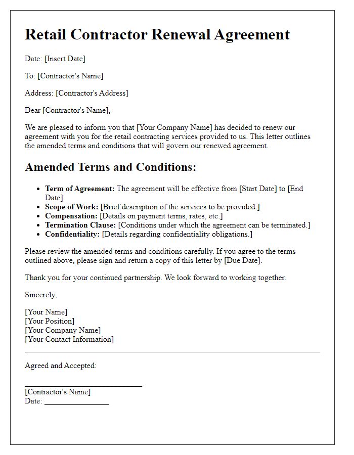 Letter template of retail contractor renewal agreement for amended terms and conditions.