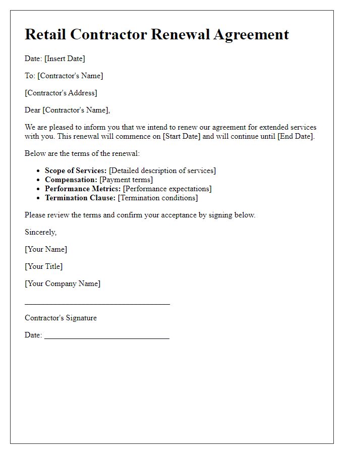 Letter template of retail contractor renewal agreement for extended services.