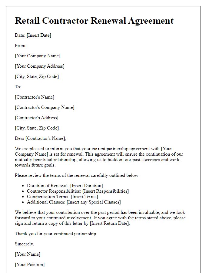 Letter template of retail contractor renewal agreement for partnership continuation.