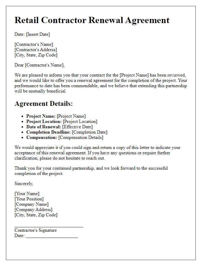 Letter template of retail contractor renewal agreement for project completion.