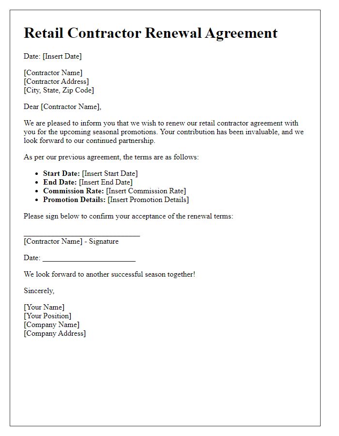 Letter template of retail contractor renewal agreement for seasonal promotions.