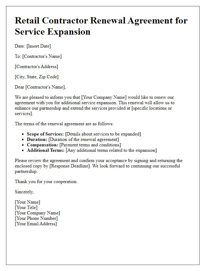Letter template of retail contractor renewal agreement for service expansion.