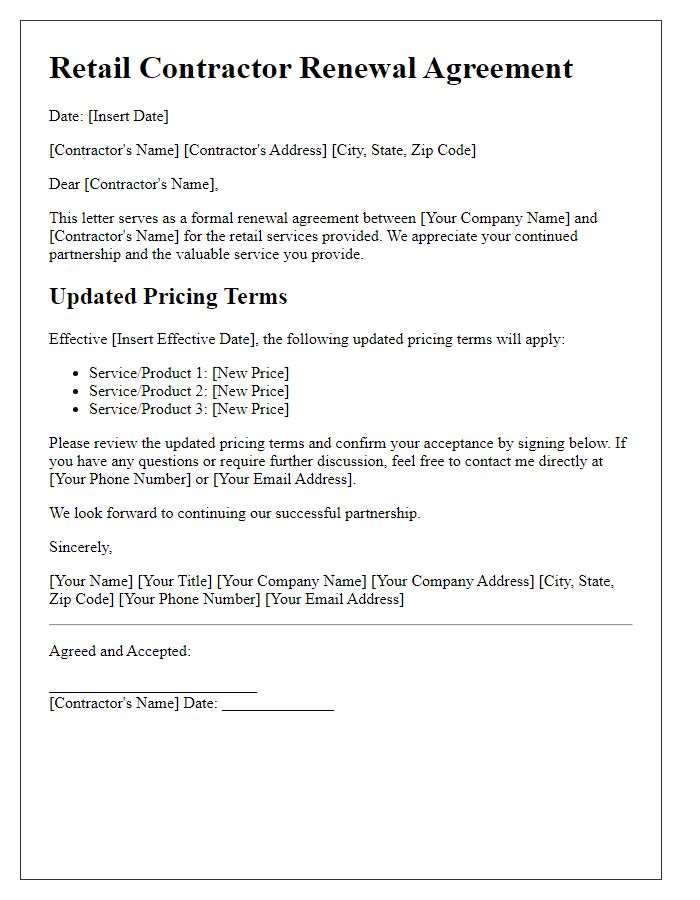 Letter template of retail contractor renewal agreement for updated pricing terms.