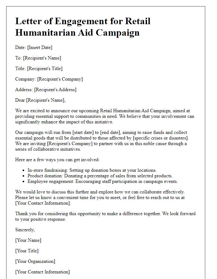 Letter template of retail humanitarian aid campaign engagement