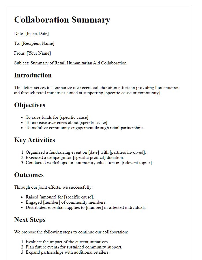 Letter template of retail humanitarian aid collaboration summary