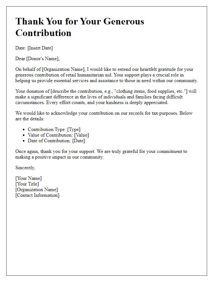 Letter template of retail humanitarian aid contribution acknowledgment