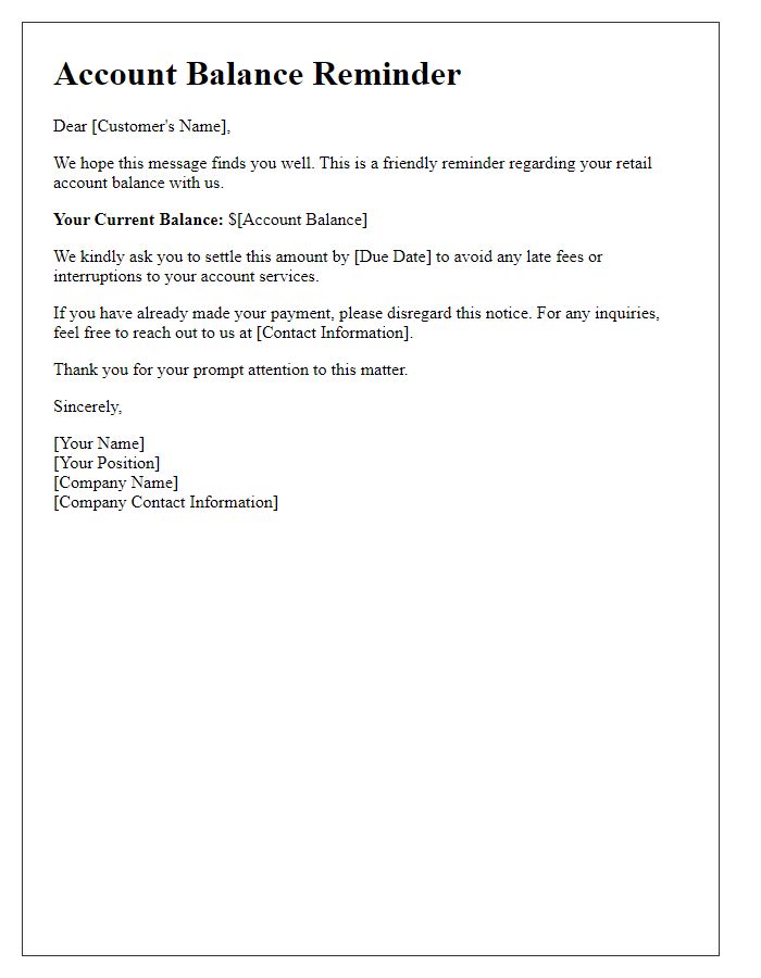 Letter template of retail account balance reminder