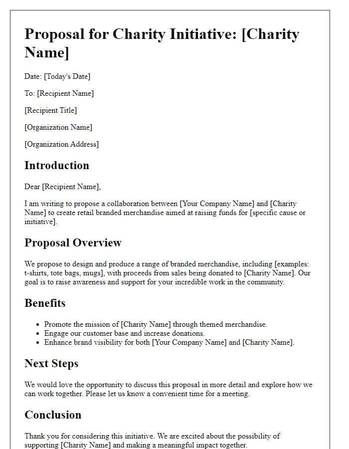 Letter template of retail branded merchandise proposal for charity initiatives