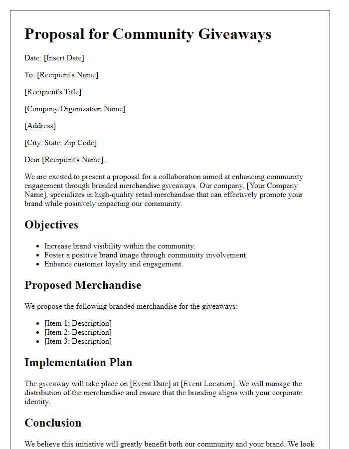 Letter template of retail branded merchandise proposal for community giveaways