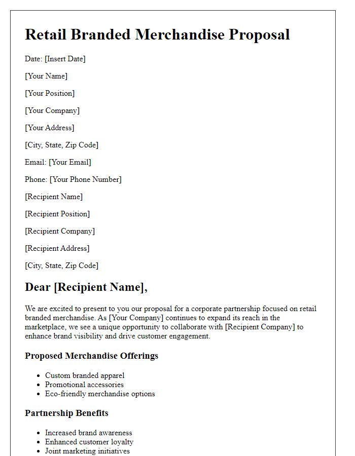 Letter template of retail branded merchandise proposal for corporate partnerships