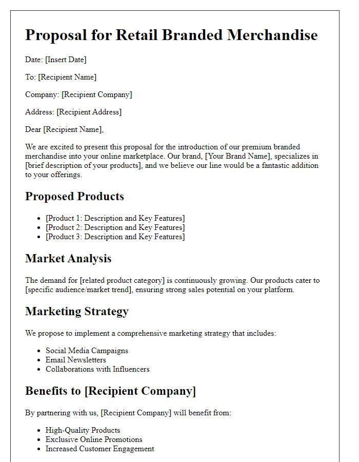 Letter template of retail branded merchandise proposal for online marketplaces