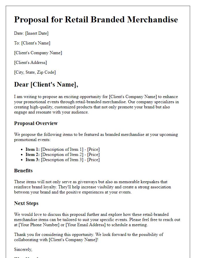 Letter template of retail branded merchandise proposal for promotional events