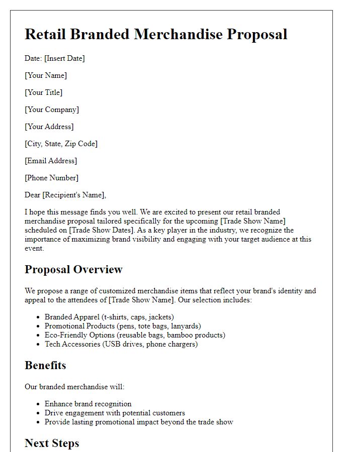 Letter template of retail branded merchandise proposal for trade shows