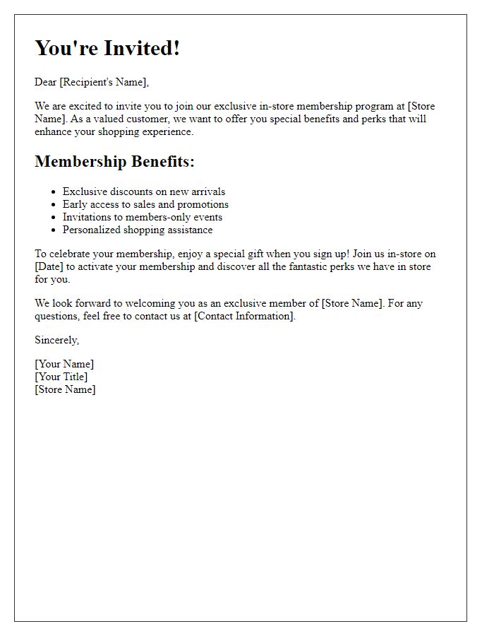 Letter template of Exclusive In-Store Membership Invitation