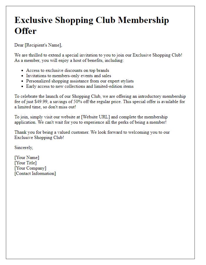 Letter template of Exclusive Shopping Club Membership Offer