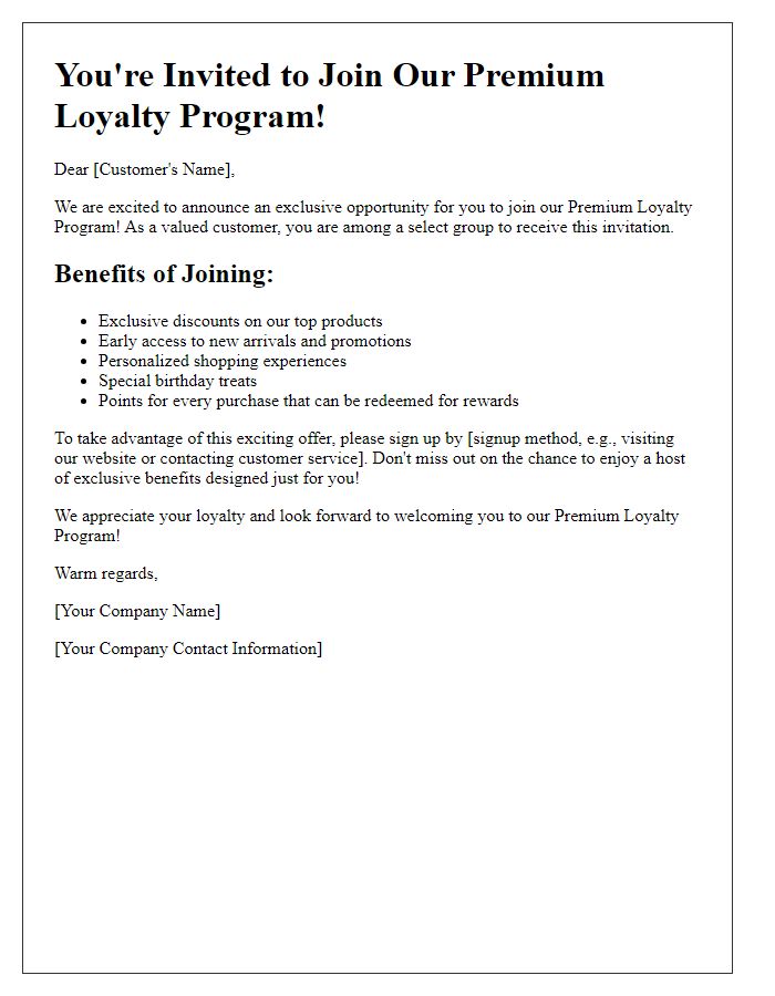 Letter template of Premium Loyalty Program Invitation