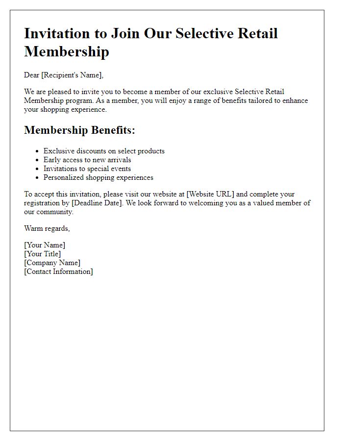 Letter template of Selective Retail Membership Invitation