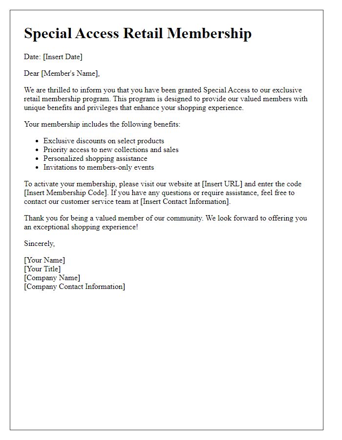 Letter template of Special Access Retail Membership Letter