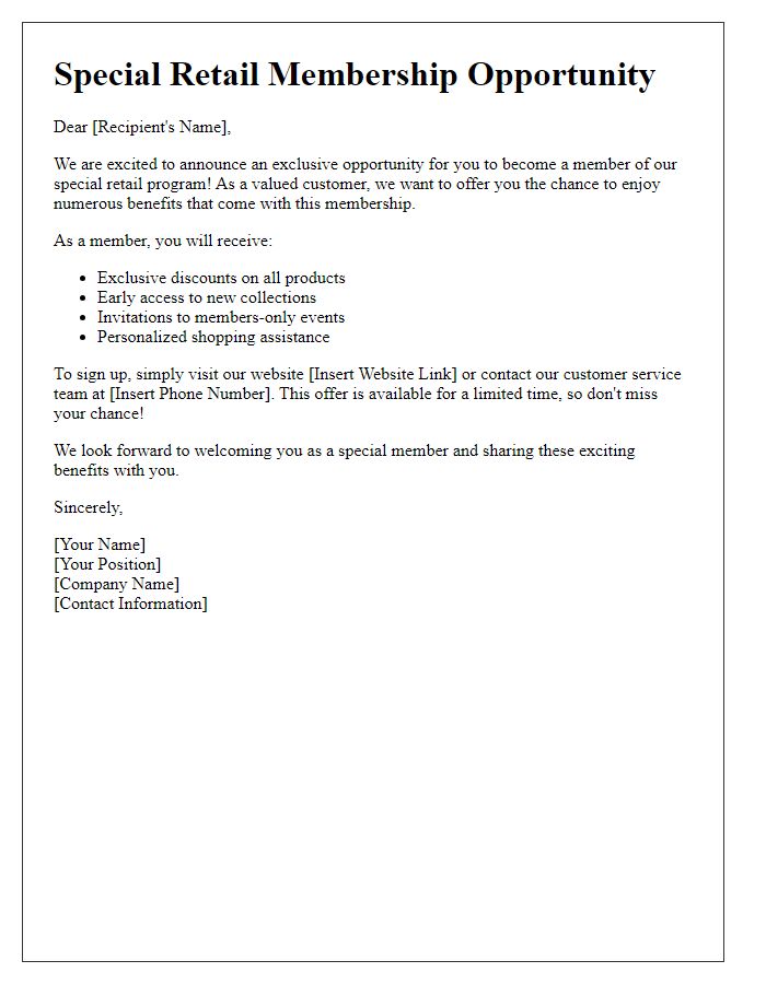 Letter template of Special Retail Membership Opportunity