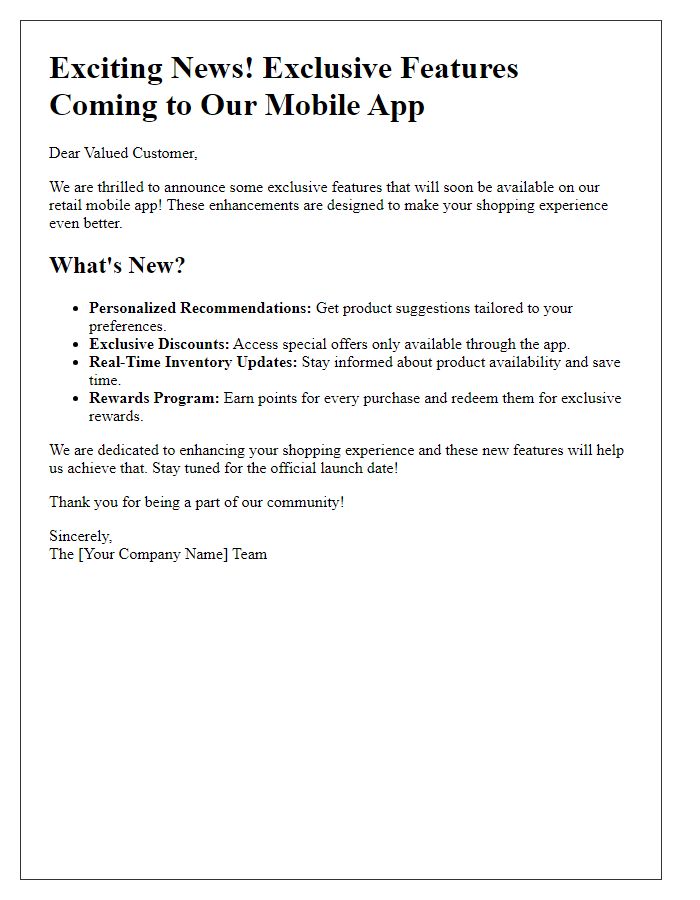 Letter template of retail mobile app exclusive features announcement