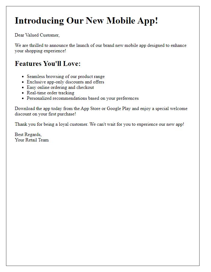 Letter template of retail mobile app introduction for customers