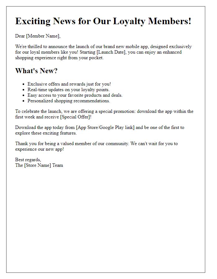 Letter template of retail mobile app release for loyalty members