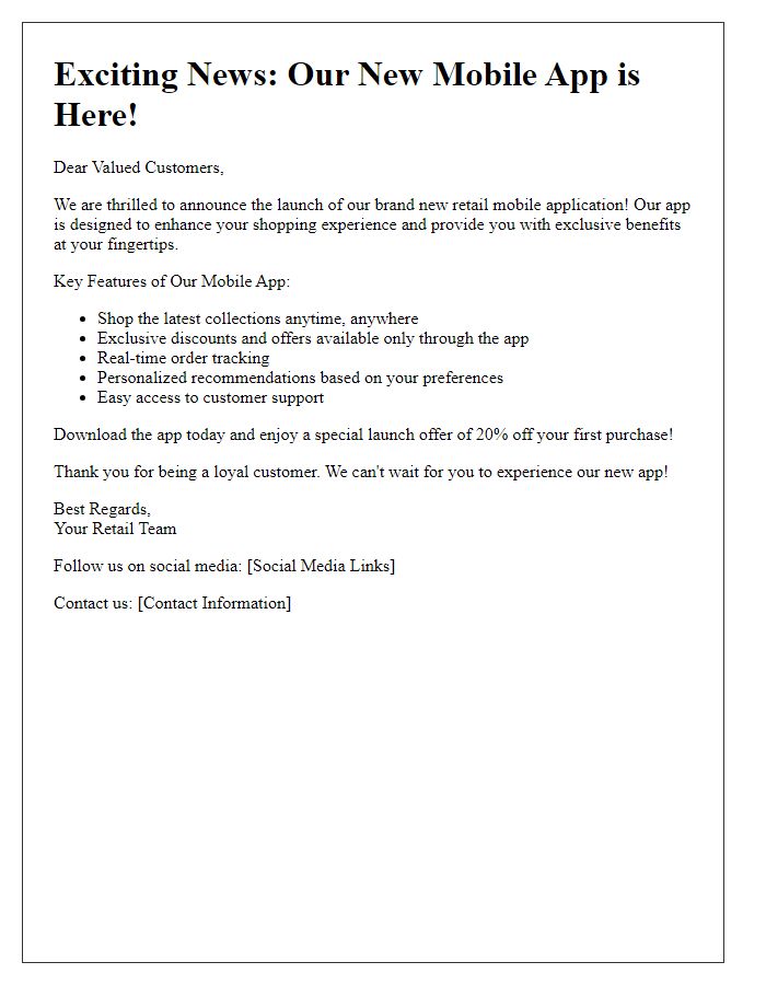 Letter template of retail mobile application launch announcement