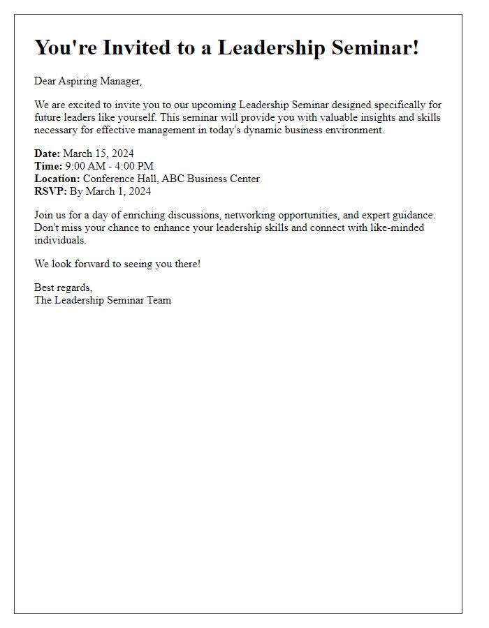 Letter template of leadership seminar invitation for aspiring managers