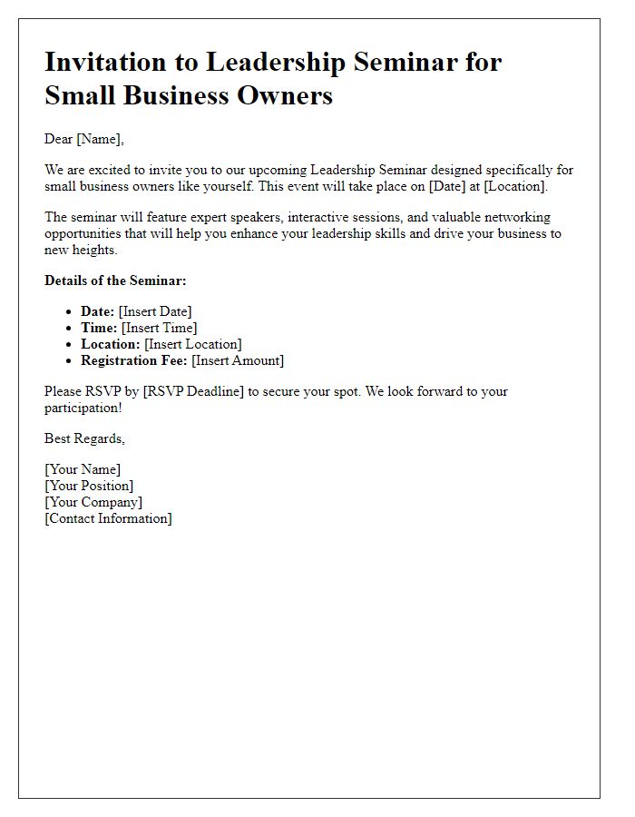 Letter template of leadership seminar invitation for small business owners