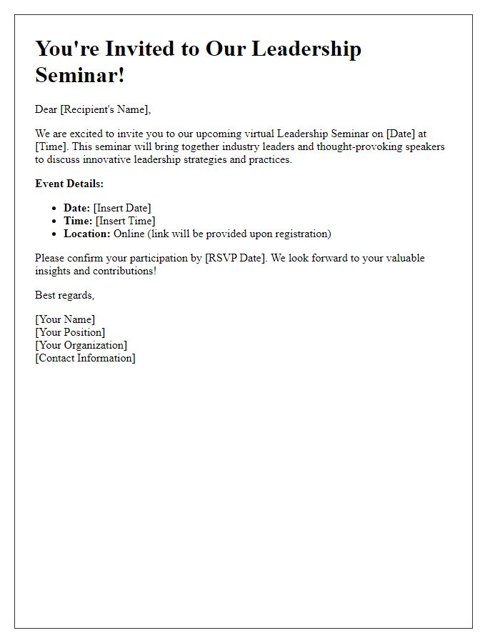 Letter template of leadership seminar invitation for virtual participation