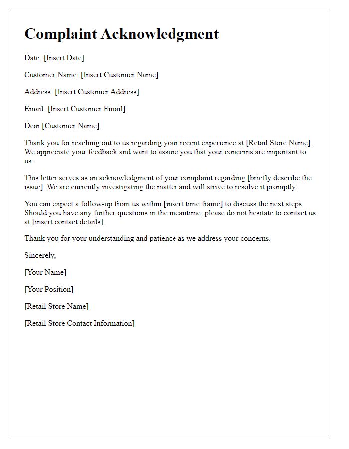 Letter template of retail complaint acknowledgment