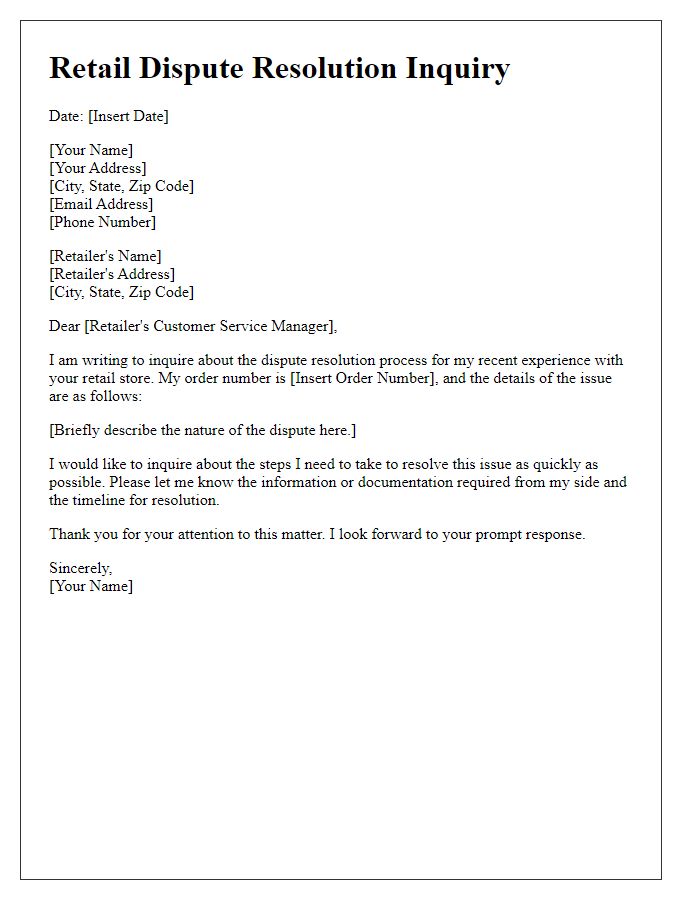 Letter template of retail dispute resolution process inquiry