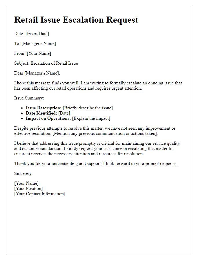 Letter template of retail issue escalation request