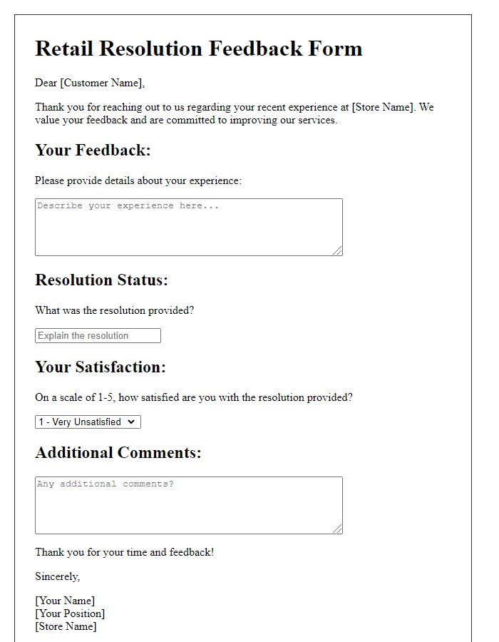 Letter template of retail resolution feedback form