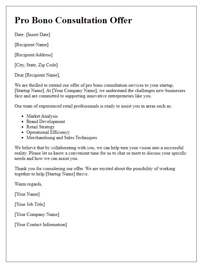 Letter template of retail pro bono consultation offer for startups