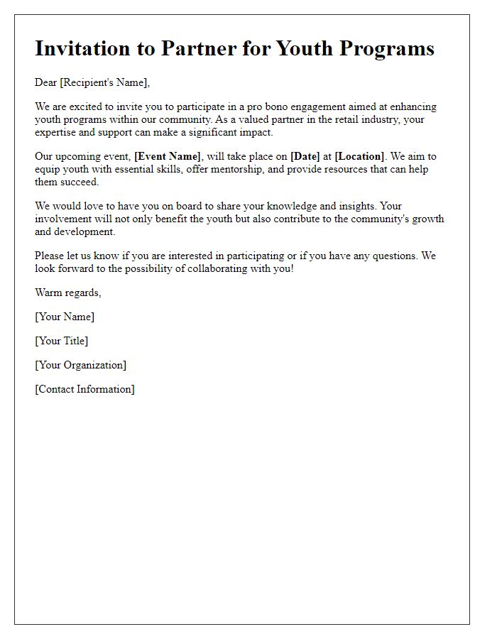 Letter template of retail pro bono engagement invitation for youth programs