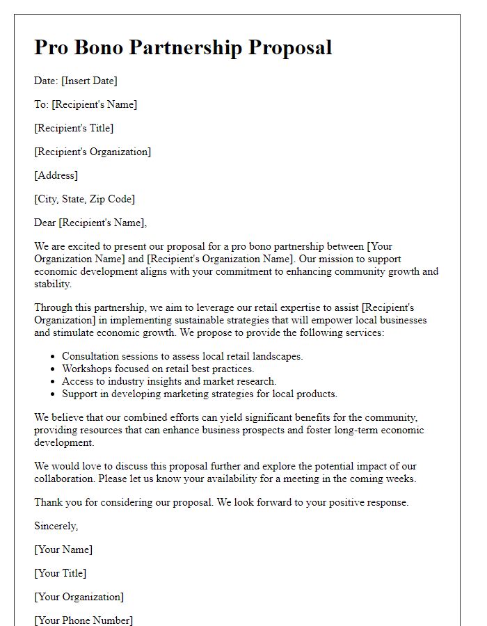 Letter template of retail pro bono partnership proposal for economic development groups