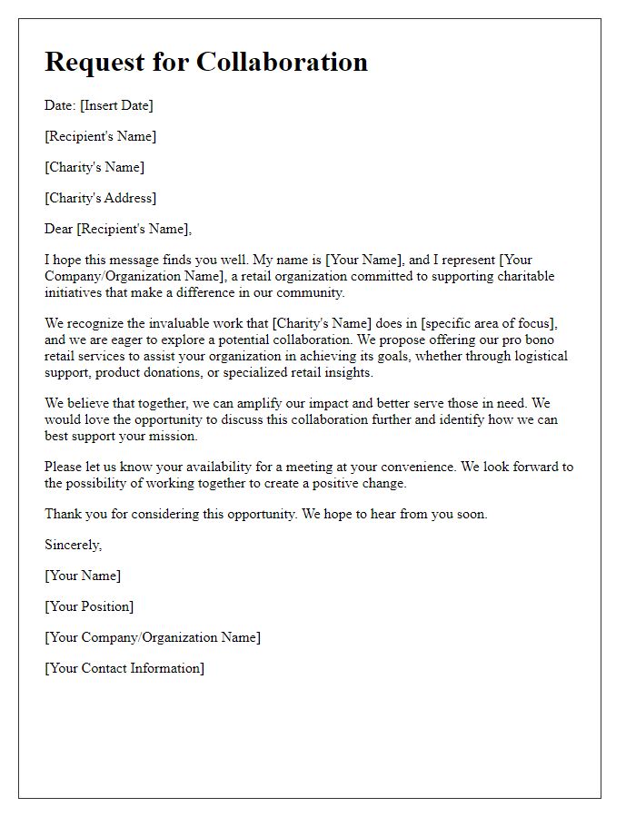 Letter template of retail pro bono service collaboration request for charities