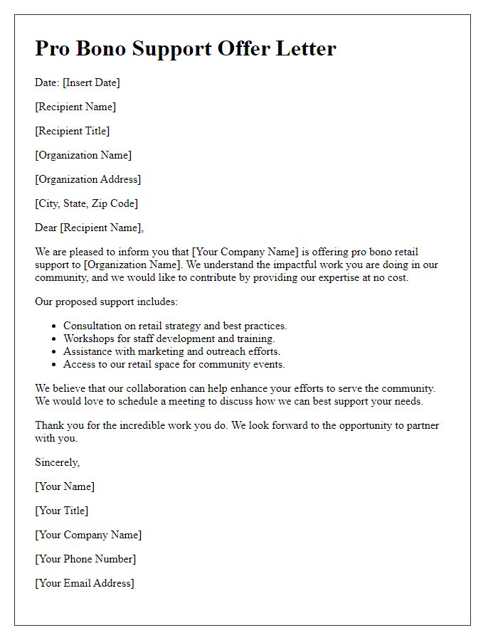 Letter template of retail pro bono support offer for community organizations