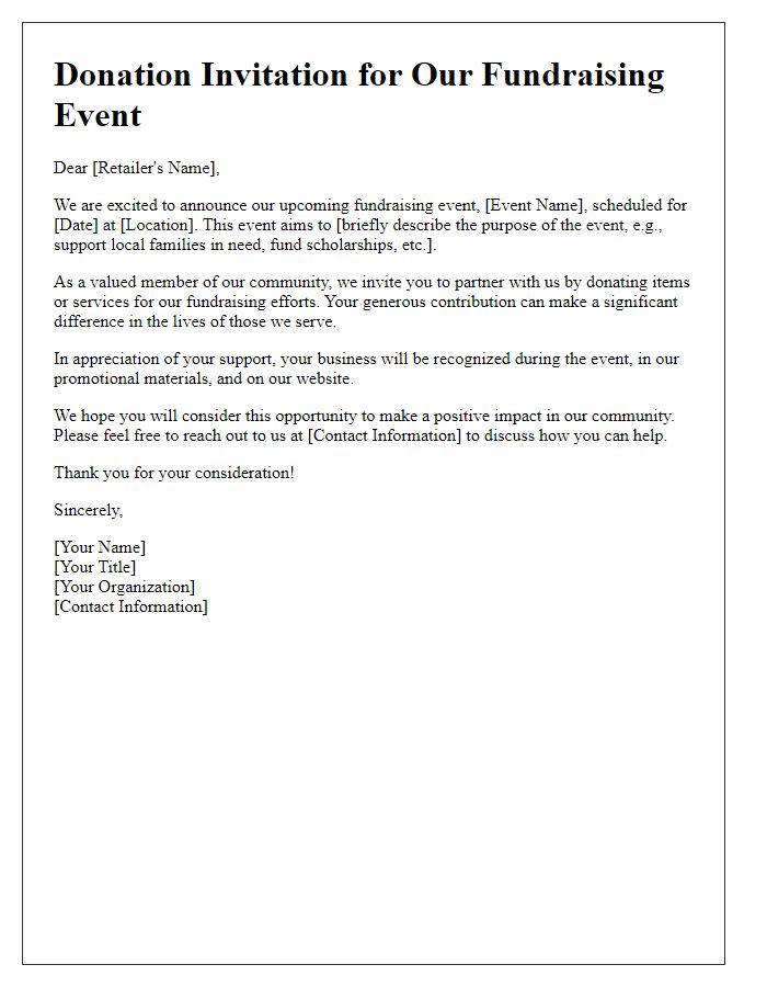 Letter template of retail donation invitation for fundraising events.