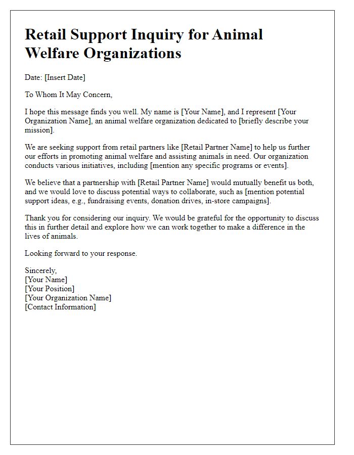 Letter template of retail support inquiry for animal welfare organizations.