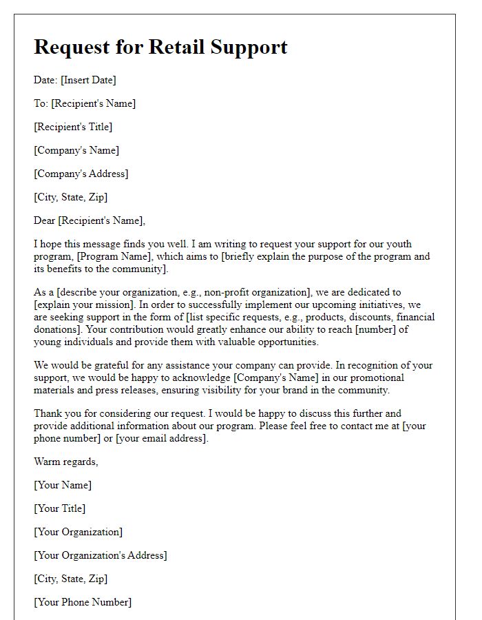 Letter template of retail support request for youth programs.