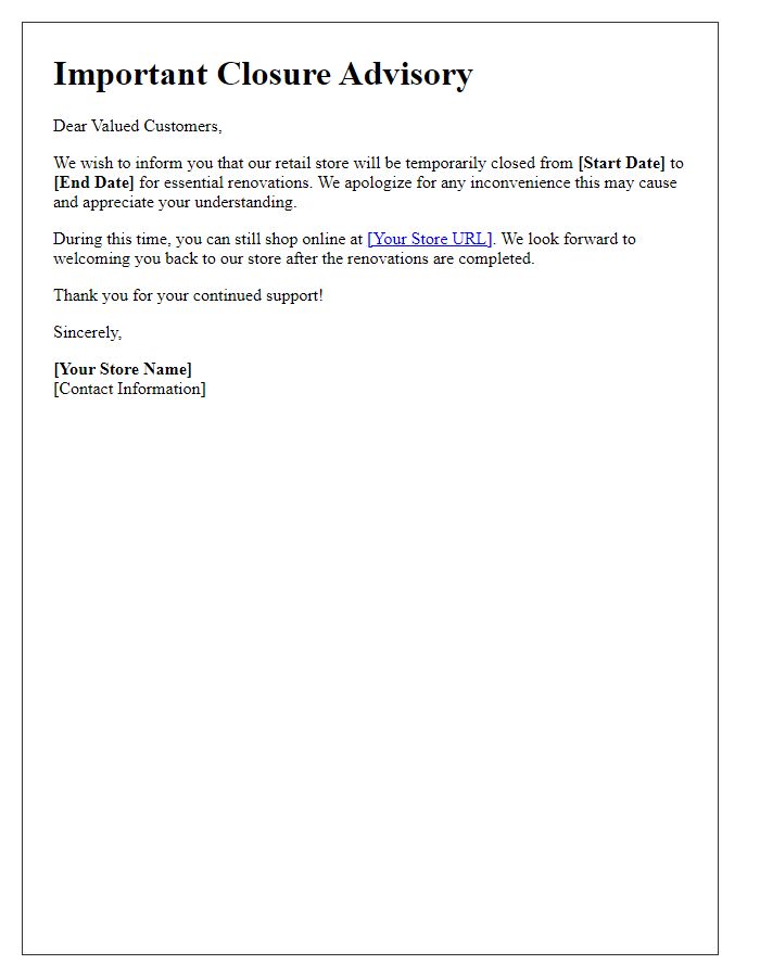 Letter template of retail store brief closure advisory