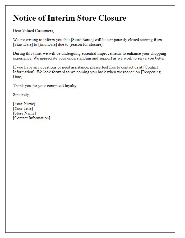 Letter template of retail store interim closure statement